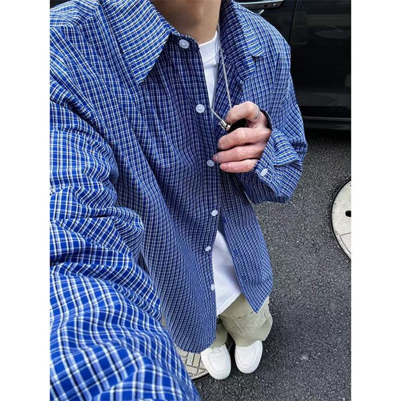 杭州出货~春季蓝色小格子长袖宽松休闲男女衬衫外套C2503特P37,男装衬衫,星座1004-6