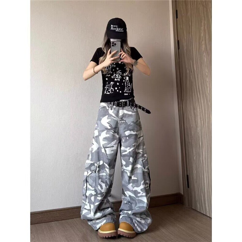 小众设计感美式高街迷彩水洗阔腿弯刀牛仔裤男女潮牌宽松直筒裤子图片