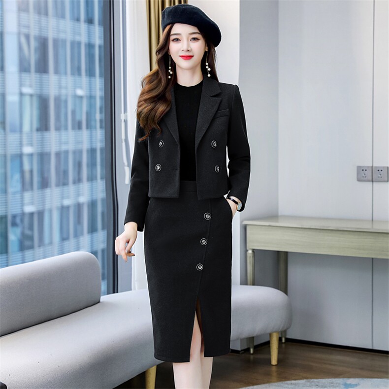职业毛呢套装女2024春秋新款时尚气质女神范短款西装开叉裙两件套,女装套装/套裙,韩美纤衣