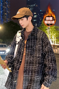 冬款oversize加绒加厚夹克男千鸟格翻领长袖外套J25025J加绒-P80图片