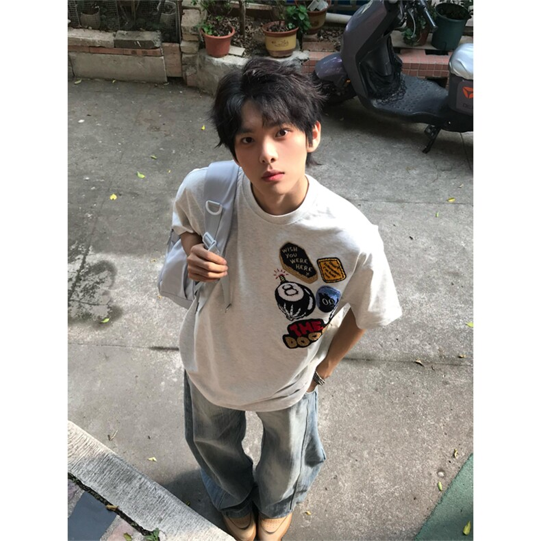 网图现货美式街头徽章刺绣T恤男女宽松高街情侣夏季短袖A369-P35,男装T恤,星座1505