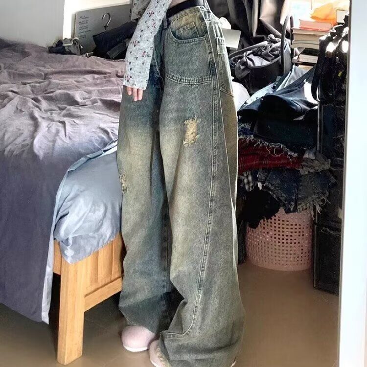 美式复古阔腿牛仔裤男女2025新款高腰破洞设计感宽松垂感拖地裤,男装牛仔裤,星座1210-1