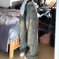 美式复古阔腿牛仔裤男女2025新款高腰破洞设计感宽松垂感拖地裤，男装牛仔裤，星座1210-1