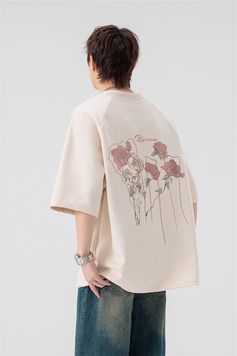 新款美式潮流麂皮绒短袖t恤大码宽松港风情侣半袖上衣H9927-P28,男装T恤,电商B295
