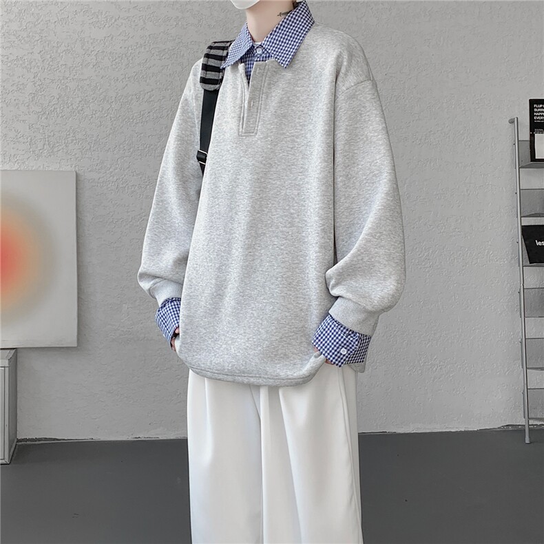 M-8XL美式假两件格子拼接翻领卫衣大码polo领长袖T恤衫WY5110/P58,男装T恤,电商B238