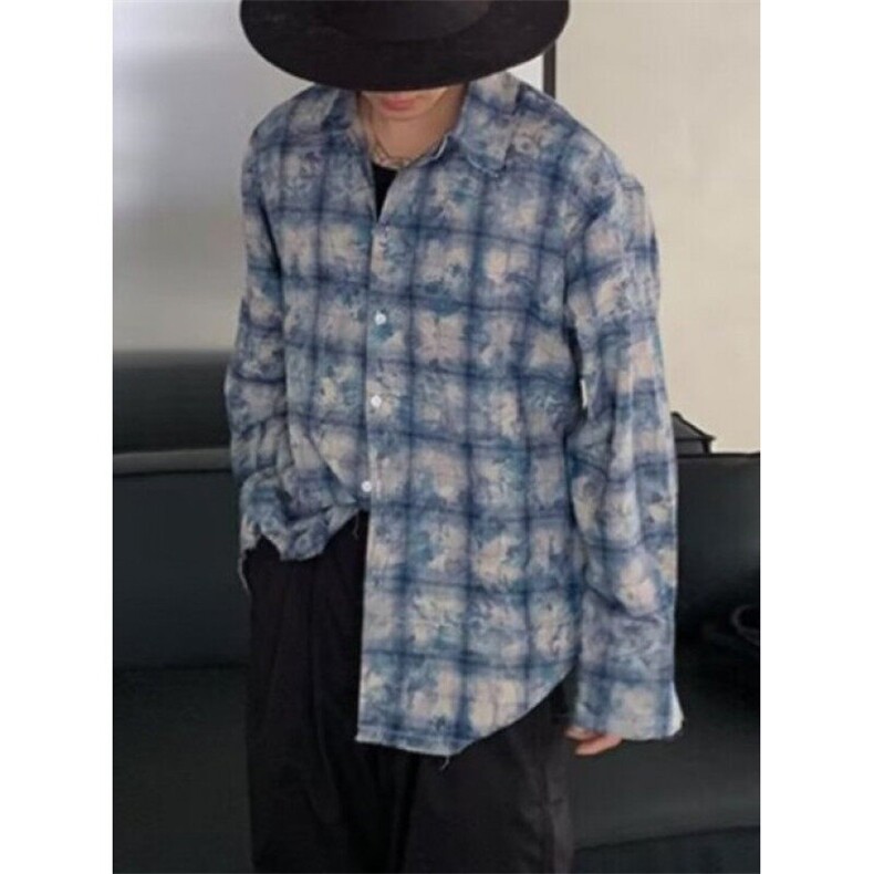 复古高级感扎染格子长袖衬衫男痞帅慵懒风春秋衬衣外套C544,男装衬衫,星座1116A（原606A-3）