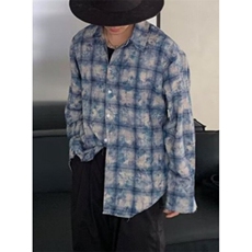 复古高级感扎染格子长袖衬衫男痞帅慵懒风春秋衬衣外套C544，男装衬衫，星座1116A（原606A-3）