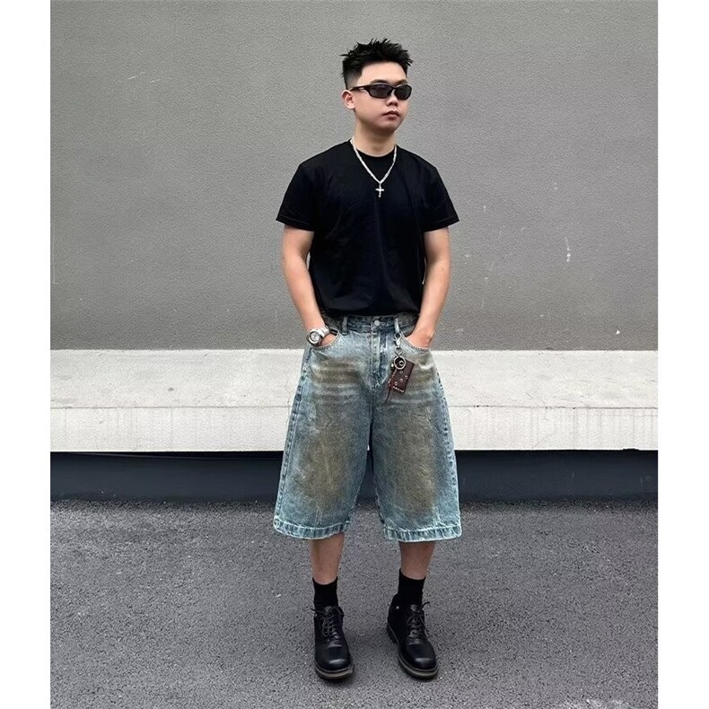 复古做脏阔腿七分裤夏季男女小众设计感重工牛仔短裤BA3064-P48,男装牛仔裤,星座208-5
