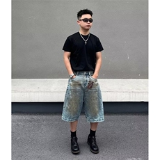 复古做脏阔腿七分裤夏季男女小众设计感重工牛仔短裤BA3064-P48，男装牛仔裤，星座208-5