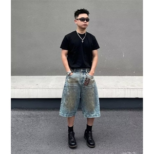 复古做脏阔腿七分裤夏季男女小众设计感重工牛仔短裤BA3064-P48图片