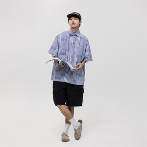 南夏乔装2025夏季新款日系清新翻领短袖衬衫男撞色拼接设计感衬衣图片