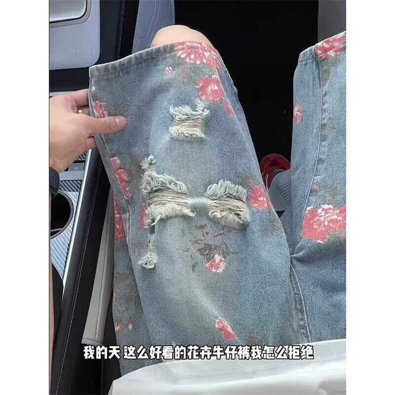 花卉破洞牛仔短裤女夏季高级感显瘦五分裤玫瑰满印vibe直筒中裤潮,男装牛仔裤,电商D202-1