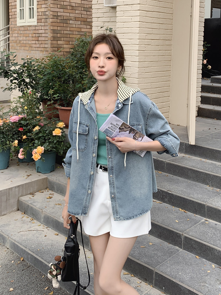 正品女装官方夏2025春季新款休闲百搭上衣复古可脱卸帽女士牛,女装短外套,豆豆家