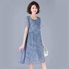 2022夏季新款时尚圆领碎花中长款短袖A字裙，女装连衣裙，依倍林
