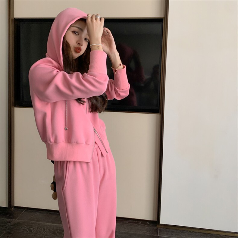 2025春秋新款chic港风粉色连帽卫衣裤子套装休闲时尚运动两件套女，女装套装/套裙，帛香坊