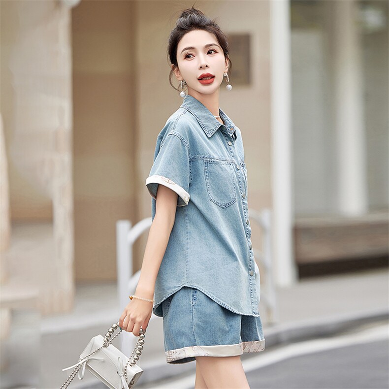 短袖牛仔衬衫套装女2026夏季新款小个子港风复古阔腿短裤两件套潮,女装套装/套裙,微微衣阁