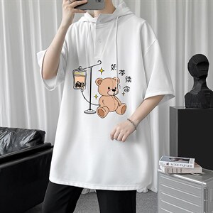 LD54194-P45 连帽短袖t恤男大码胖子带帽五分袖中袖图片