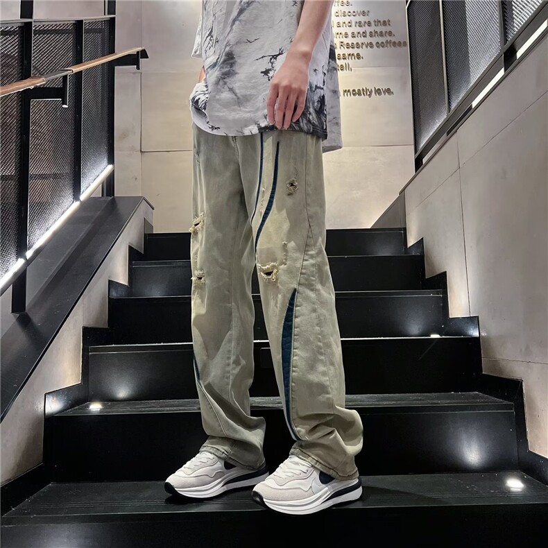 2024春秋 牛仔裤男小众美式vibe拼接风格裤子高街ins潮牌乞丐裤图片