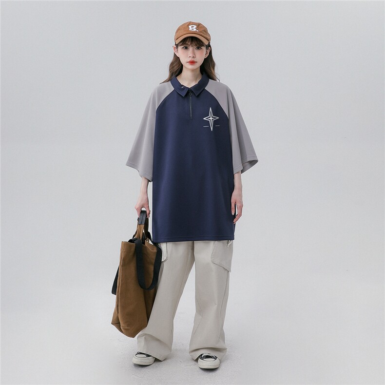 中性风新款夏季时尚百搭翻领半拉链美式短袖T恤DT466P45控68,男装T恤,A247A