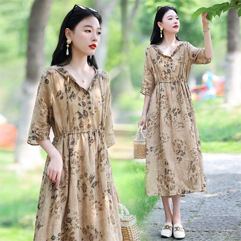 新品优雅复古印花苎麻连衣裙女长款显瘦气质V领宽松大码女装,女装连衣裙,凝聚力