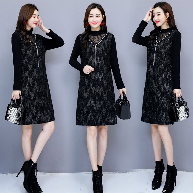 链条绣花植绒中长款长袖2020年冬季半高领纯色连衣裙，女装连衣裙，安之芮娜