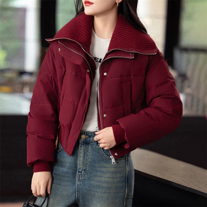 针织大翻领羽绒服女2024冬季新款小个子超好看时尚百搭白鸭绒外套,女装羽绒服,婷思杰（原婷想服饰）