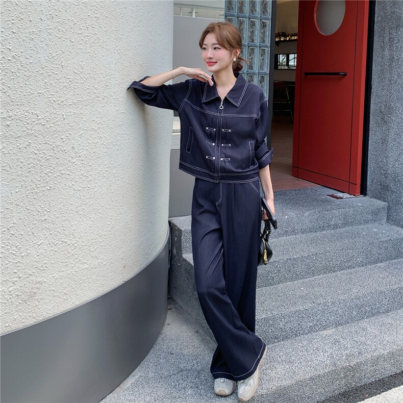 （新款现货）2026春装时尚潮流天丝牛仔拉链阔腿裤套装两件套，女装套装/套裙，印象茜