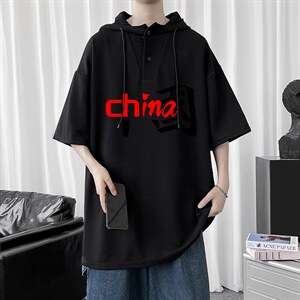 LD54189-P45 连帽短袖t恤男大码胖子带帽五分袖中袖图片