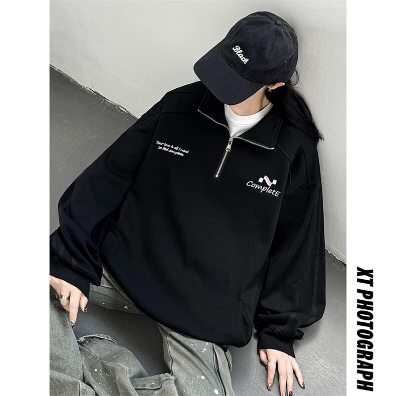 主推中性风复古绣花学院风半拉链卫衣宽松外套男女D363P58，女装短外套，电商A335-1（原A458）