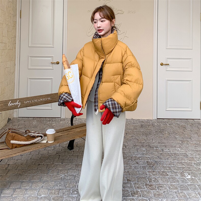 现货  90绒   黄色短款羽绒服  格子拼接  2C206-L88-P300-K438图片