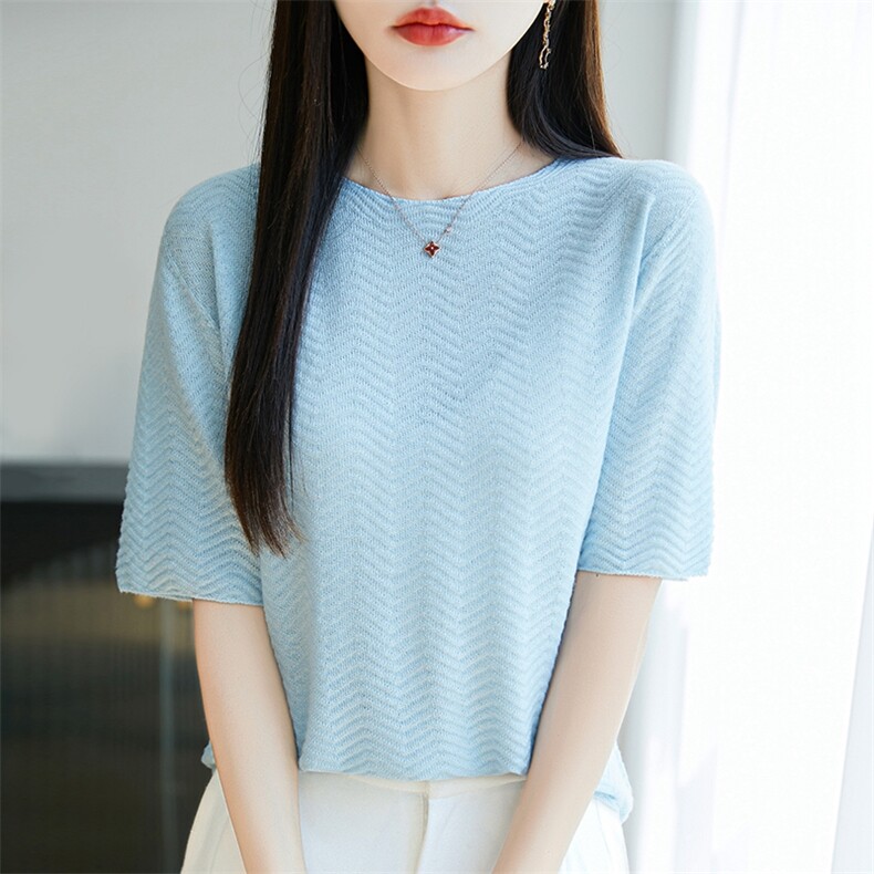 一线成衣无缝精纺薄款醋酸天丝圆领针织短袖T恤女打底衫宽松显瘦,女装T恤,暖烁羊绒