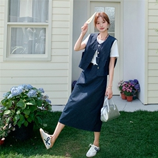 韩系穿搭一整套女2025夏季新款时尚显瘦牛仔马甲半身裙三件套，女装套装/套裙，慧尚2-185