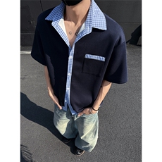 格子拼接撞色夏季潮流假两件衬衫男士翻领短袖休闲百搭BF半袖P40，男装T恤，电商C306-1
