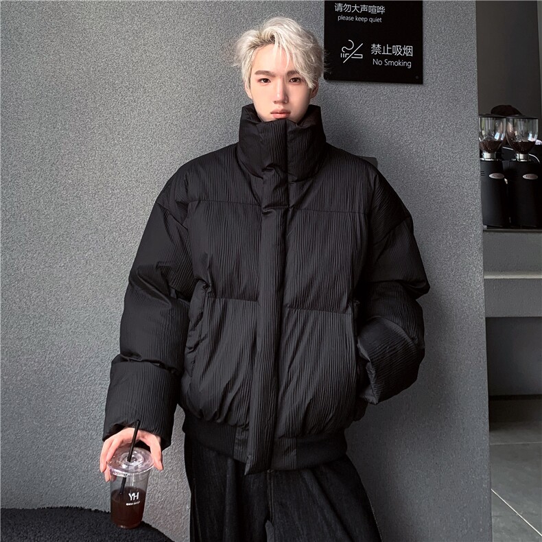 新货冬季压皱设计纯色立领棉衣男复古宽松BF保暖面包服外套my98，男装棉衣，电商C307