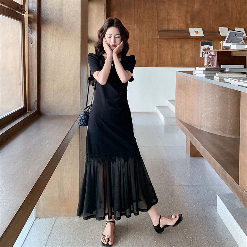 法式轻奢黑色连衣裙女收腰显瘦鱼尾裙气质B129-1555P140K228,女装连衣裙,莘蕾