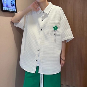 港风ins个性格短袖衬衫男垂感小众五分裤套装工装衬衣TZ0562-P58图片