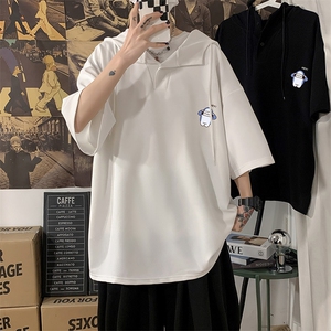LD54167-P45连帽短袖t恤男大码胖子带帽五分袖中袖海报风