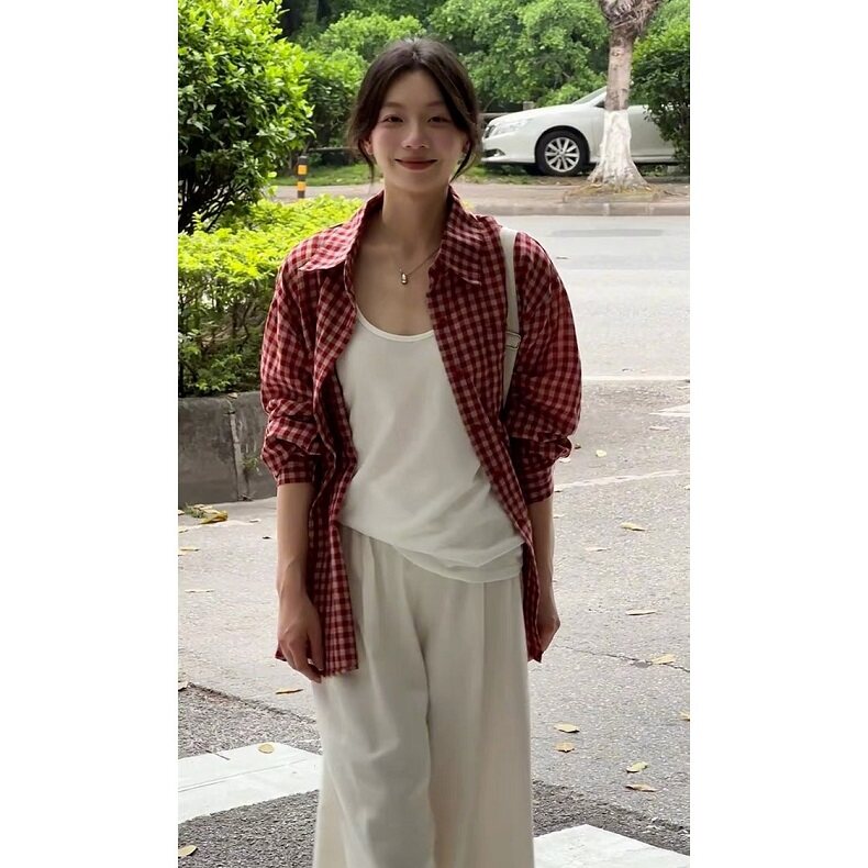 红色格子宽松衬衫女2025夏季翻领排扣外穿慵懒长袖上衣CS359,男装衬衫,星座1116A（原606A-3）