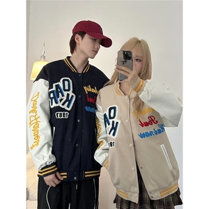 潮美式字母植绒刺绣棒球服男女加厚潮牌痞帅情侣装pu皮夹克外套图片