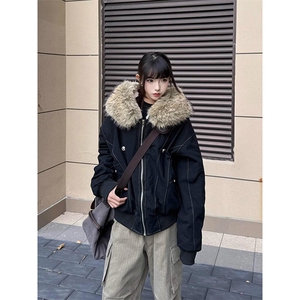 现货重磅boxy短款棉衣座山雕大毛毛领男女棉服水洗工装厚外套图片