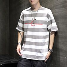 夏季条纹短袖T恤男青少年圆领纯棉体恤男士夏装薄款潮牌T213，男装T恤，星座509