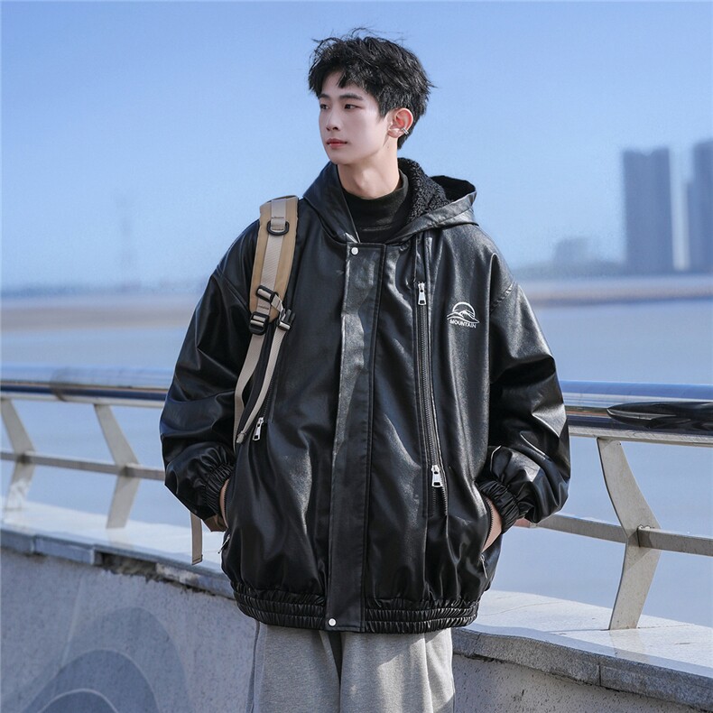 冲锋衣连帽皮夹克机车PU皮衣外套P110控158抖音控178加绒+20,男装夹克,电商B370