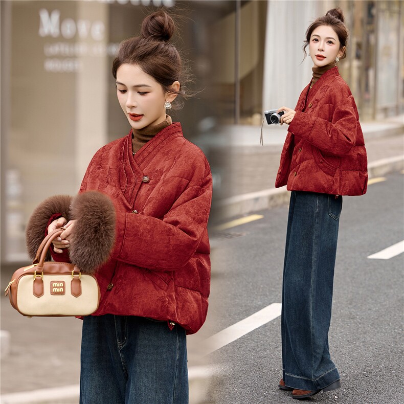 新中式羽绒服女2025冬新款短款巨好看的洋气漂亮狐狸毛厚外套,女装羽绒服,关键词