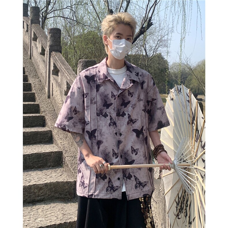 小众复古蝴蝶印花衬衫短袖百搭水墨印花衬衣A061-EC50278-P45，男装衬衫，电商A061
