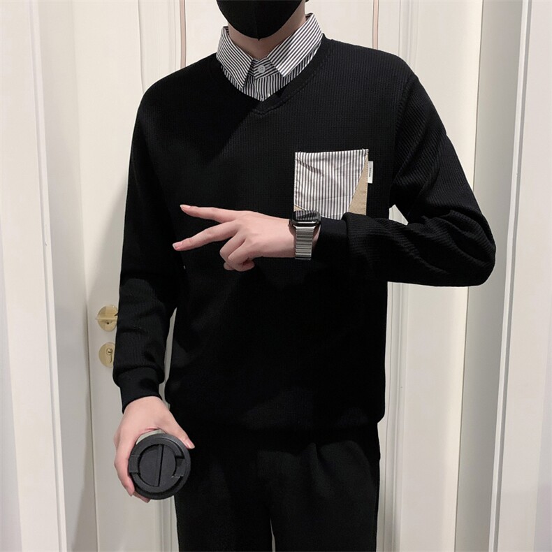 B340WY1801P6898店主风无头风衬衫领假两件卫衣男,男装衬衫,电商B340