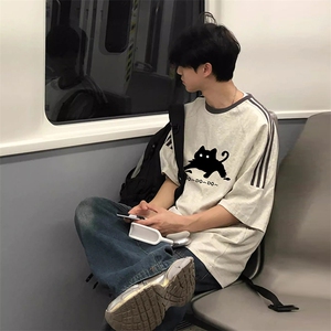 夏季美式高街重磅纯棉三条杠织带撞色男女短袖T恤ZD579-特P30图片