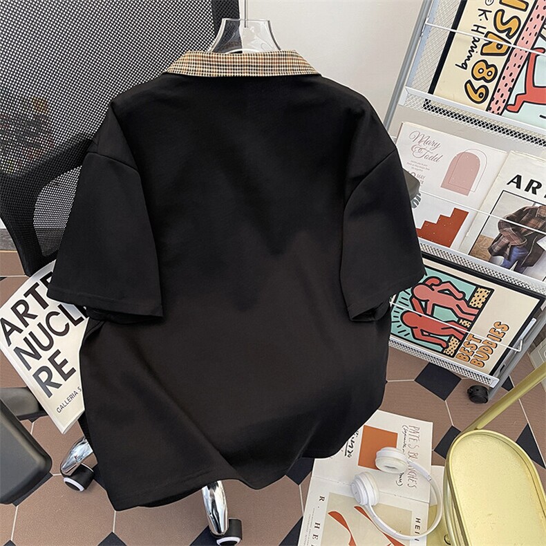 立领格子拼色T恤短袖美式高街宽松体恤衫XZ212-1-QXT2506-P38,男装T恤,星座212-1