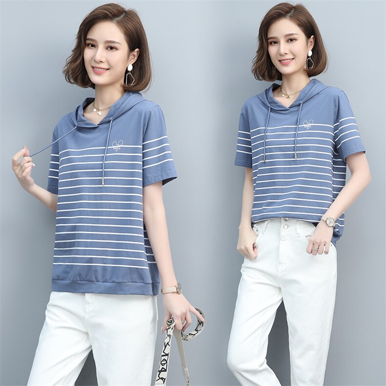 2023夏季新款简约时尚气质圆领休闲舒适连帽T恤，女装T恤，玛其路