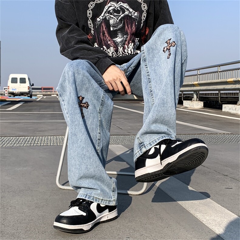 2022潮牌高街小众十字架hiphop阔腿裤复古牛仔裤男K3075-P40,男装牛仔裤,星座512-3