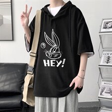 LD54179-P45连帽短袖t恤男大码胖子带帽五分袖中袖大皂风，男装T恤，电商A040